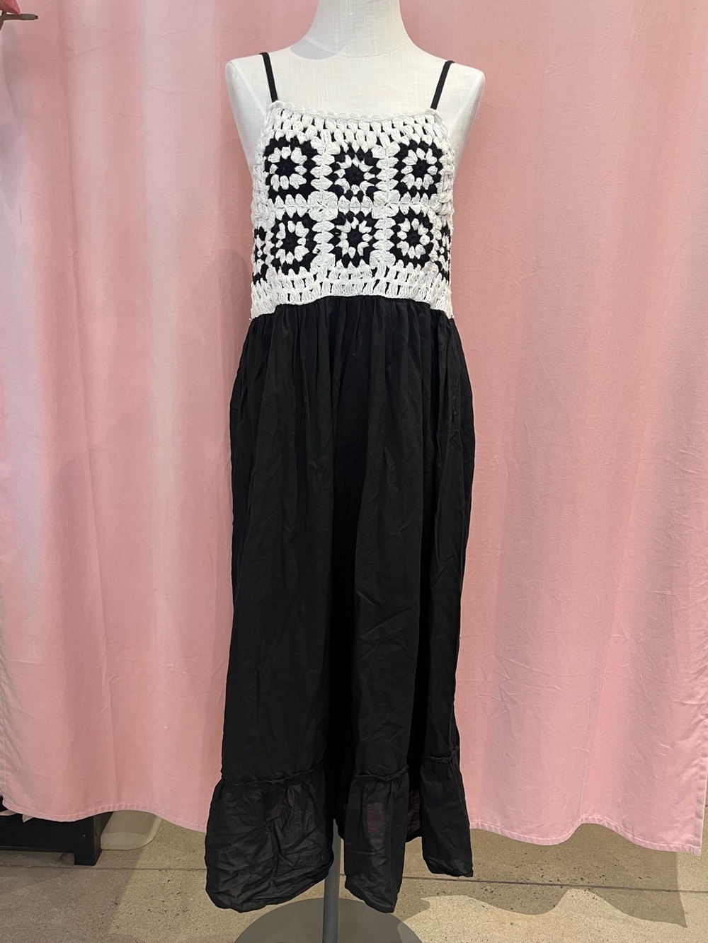 Black & Cream Granny Square Crochet Maxi Dress 100% Cotton Size M